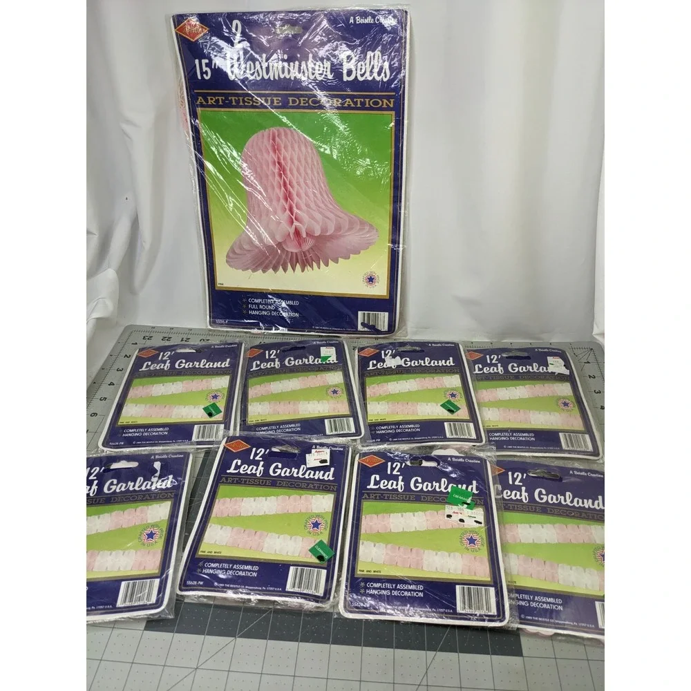 Beistle 12 Foot Leaf Garland 55628 Pink White Lot of 8 and 15‎ Inch Bell